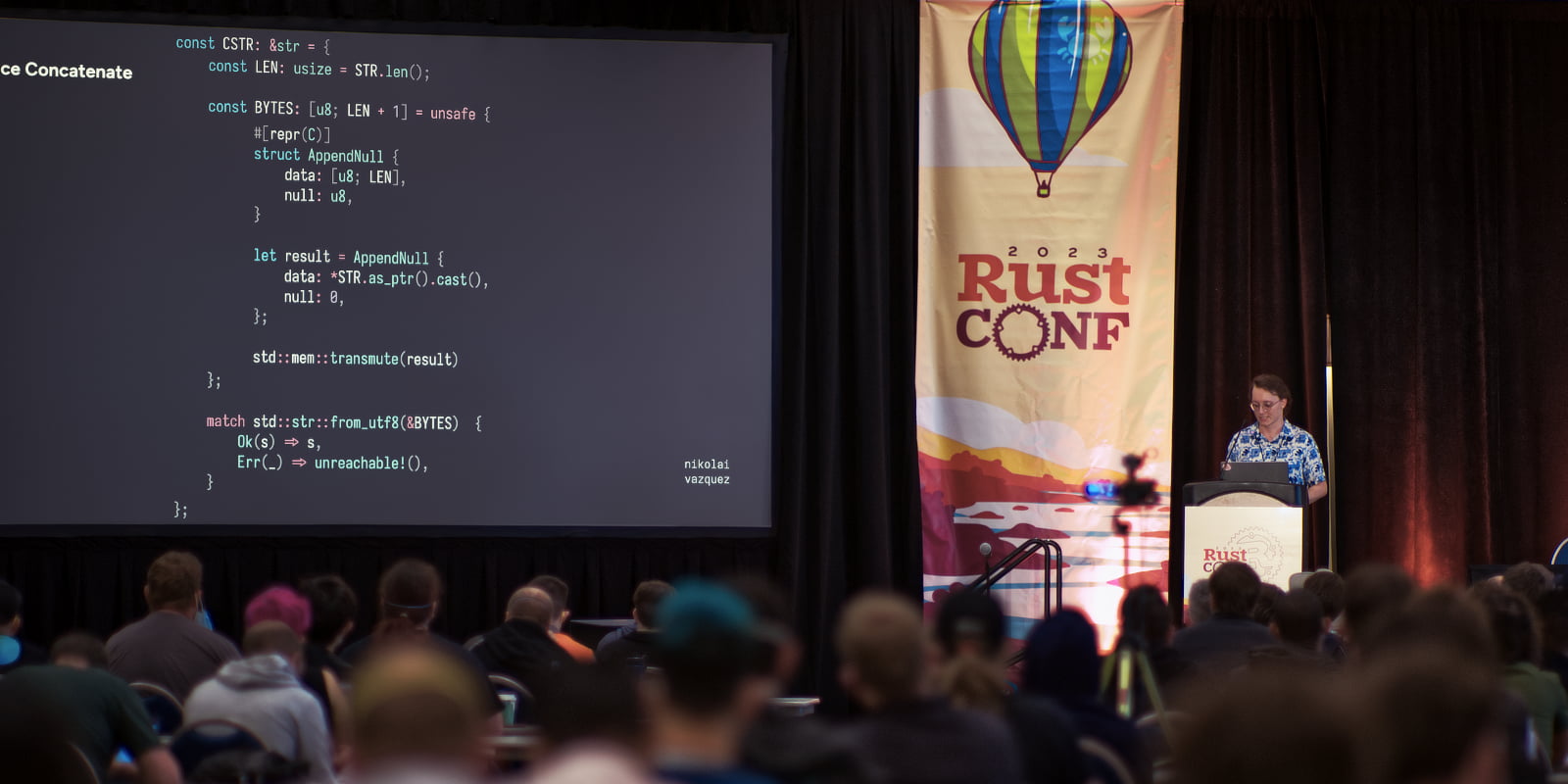 Nikolai speaking at RustConf 2023 on compile-time code evaluation